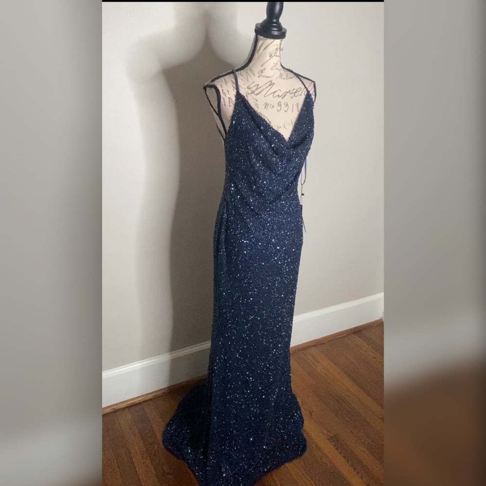 Navy blue beaded sleek evening gown, formal dress, wedding guest dress